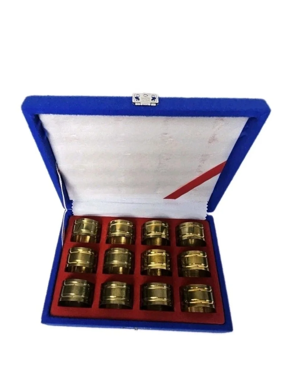 Vintage 12 Piece Brass Napkin Rings Patina Set In Original Box